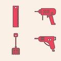 Set Electric hot glue gun, Ruler, Electric drill machine and Snow shovel icon