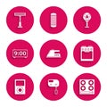 Set Electric iron, mixer, Gas stove, Oven, Music player, Digital alarm clock, fan and heater icon. Vector