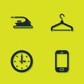 Set Electric iron, Mobile phone, Clock and Hanger wardrobe icon. Vector