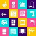 Set Electric jigsaw, drill machine, cordless screwdriver, Air compressor, Coffee and cup and Angle grinder icon. Vector Royalty Free Stock Photo