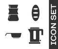 Set Electric kettle, Coffee turk, Frying pan and Bread loaf icon. Vector