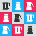 Set Electric kettle, Coffee turk and Jug glass with water icon. Vector