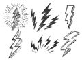 Set of electric lightning, thunder bolt in doodle style. isolated on white background Royalty Free Stock Photo