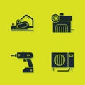 Set Electric planer tool, Air conditioner, cordless screwdriver and compressor icon. Vector Royalty Free Stock Photo
