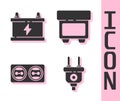 Set Electric plug, Car battery, Electrical outlet and Fuse icon. Vector Royalty Free Stock Photo