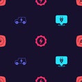 Set Electric plug, car, Lightning bolt and on seamless pattern. Vector Royalty Free Stock Photo