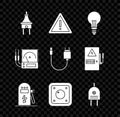 Set Electric plug, Exclamation mark in triangle, Light bulb with concept of idea, car charging station, light switch