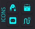 Set Electric plug, Magnet, Toolbox electrician and Electrical outlet icon. Black square button. Vector Royalty Free Stock Photo