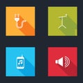 Set Electric plug, Microphone with stand, Music player and Speaker volume icon. Vector Royalty Free Stock Photo