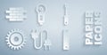 Set Electric plug, Screwdriver, Circular saw blade, Ruler, Angle grinder and Bricks icon. Vector Royalty Free Stock Photo