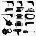 Set of electric power tools for carpentry and construction work. Silhouettes icons of different power tools.