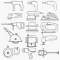 Set of electric power tools. Transparent icons of different power tools for carpentry and construction work.