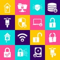 Set Electric scooter, Broken or cracked lock, Open padlock, Cyber security, Shield with and Scooter icon. Vector Royalty Free Stock Photo