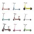 Set of electric scooters. Blue, red, pink, green, grey, and yellow scooters isolated on white background.