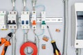 set of electric tools and equipments. work on electrical panel. Royalty Free Stock Photo