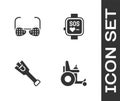 Set Electric wheelchair, Blind glasses, Prosthesis leg and Smart watch icon. Vector