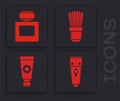 Set Electrical hair clipper or shaver, Aftershave, Shaving brush and Cream or lotion cosmetic tube icon. Vector
