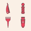Set Electrical hair clipper or shaver, Straight razor, Classic Barber shop pole and Hairbrush icon. Vector Royalty Free Stock Photo