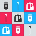 Set Electrical hair clipper or shaver, Toothbrush and Bottles for cleaning agent icon. Vector