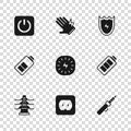 Set Electrical outlet, Battery charge, Soldering iron, Lightning bolt, and shield, Power button, glove and icon. Vector