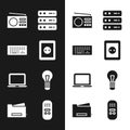 Set Electrical outlet, Keyboard, Radio, Server, Data, Web Hosting, Laptop, Light bulb, Remote control and Printer icon