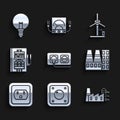 Set Electrical outlet, light switch, Power station plant and factory, in the USA, panel, Wind turbine and Light bulb Royalty Free Stock Photo