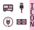 Set Electrical outlet, Electrical measuring instruments, Electric plug and USB cable cord icon. Vector Royalty Free Stock Photo