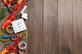 Set of electrician`s tools and accessories on wooden table, flat lay. Space for text Royalty Free Stock Photo