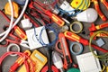 Set of electrician`s tools on gray table Royalty Free Stock Photo