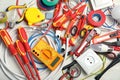 Set of electrician`s tools on table Royalty Free Stock Photo
