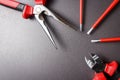 Set of electrician tools on black background. Platypus, screwdriver and wire cutter are lined with fan