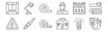 set of 12 electrician tools and icons. outline thin line icons such as multimeter, tool box, soldering iron, fuse box, tape, table
