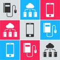 Set Electronic book with mouse, Cloud or online library and Mobile phone icon. Vector