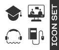 Set Electronic book with mouse, Graduation cap on globe, Headphones and Online education icon. Vector