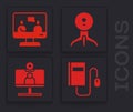 Set Electronic book with mouse, Online education, Web camera and Video chat conference icon. Vector Royalty Free Stock Photo