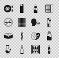 Set Electronic cigarette, Vape liquid bottle, Lighter, Cigarette, No smoking, Tobacco leaf shop and Man icon. Vector