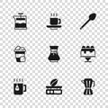 Set Electronic coffee scales, Cake, Coffee maker moca pot, Pour over, Teaspoon, French press, cup and Iced icon. Vector