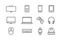 Set of 12 electronic devices. Vector flat style black icons. TV, MP3, Smartphone, gamepad, smart watch and other gadgets. Vector Royalty Free Stock Photo