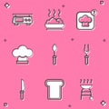 Set Electronic scales, Bowl of hot soup, Chef hat, Teaspoon, Barbecue fork, Knife and Bread toast icon. Vector