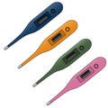 Set of electronic thermometers in different colors. Color vector illustration. Blue, green, orange, pink.