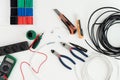 Set of electronic tools components and scheme on white background Royalty Free Stock Photo