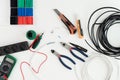 Set of electronic tools components and scheme on white background