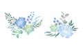 Set of elegant bouquets or bunches of dusty blue flowers and succulents, eucalyptus leaves and greenery vector