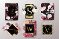 Set of elegant brochure, card, background, cover, wedding invitation. Black, red and golden marble texture.