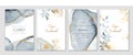 Set of elegant cards in blue, grey, white, golden colors. Watercolor spots, ink imitation, botanical leaves, gold lines