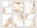 Set of elegant cards in brown, beige, golden colors. Watercolor spots, ink imitation, botanical leaves, gold lines