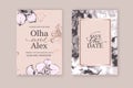 Set of elegant chic brochure, covers, cards with pink lilies, white and rose gold marble texture.