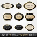 Set of elegant, dark, gold-framed labels