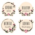 Set of elegant flower stickers with text aromatherapy, essential oils, mental heath, healthy product. Floral label template. Royalty Free Stock Photo