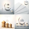 MobileSet of elegant greeting cards decorated with golden floral design and crescent moon for famous Islamic festival, Eid Mubarak Royalty Free Stock Photo